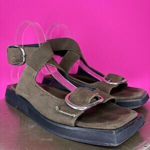 Mishka Khaki Suede Square Toe Crisscross Buckle Strap Flat Sandal Sz 36